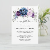 Dusty Blue Lila Navy Lilac Blooms Wir tun es noch Einladung (Stehend Vorderseite)