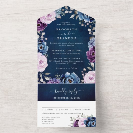 Dusty Blue Lila Navy Lilac blüht auf All In One Einladung (Innen Boden)