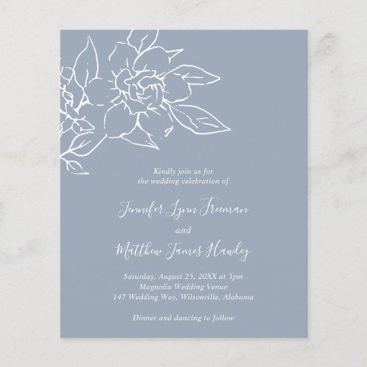 Dusty Blue Line Art Floral Budget Hochzeit Einladu Flyer (Vorne)