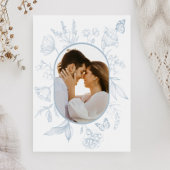 Dusty Blue Line Art Floral Butterfly Foto Dankeskarte