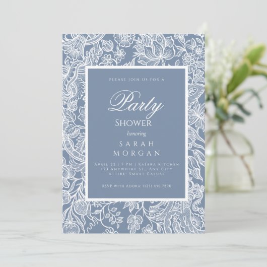 Dusty Blue Line Art Wildblumen Einladung (Stehend Vorderseite)