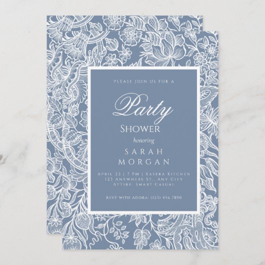 Dusty Blue Line Art Wildblumen Einladung (Vorne/Hinten)