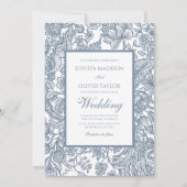 Dusty Blue Line Art Wildblumen Einladung (Vorderseite)