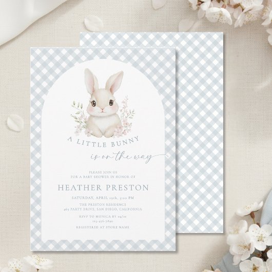 Dusty Blue Little Bunny Gingham Arch Baby Shower Einladung