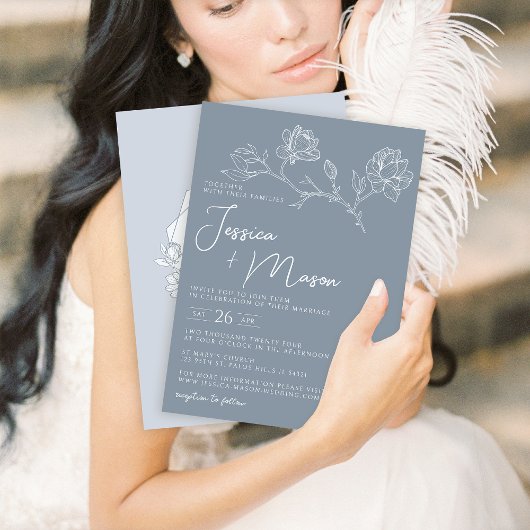 Dusty Blue Magnolia Minimalistische Hochzeitseinla Einladung