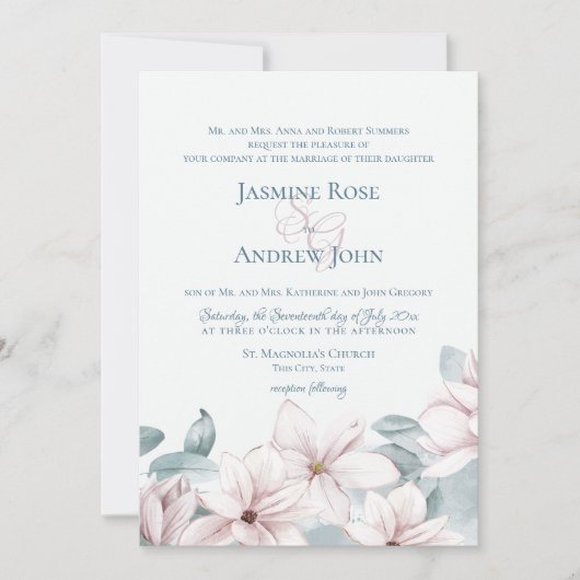 Dusty Blue Magnolias Elegantes Frühjahr Hochzeit Einladung (Vorderseite)