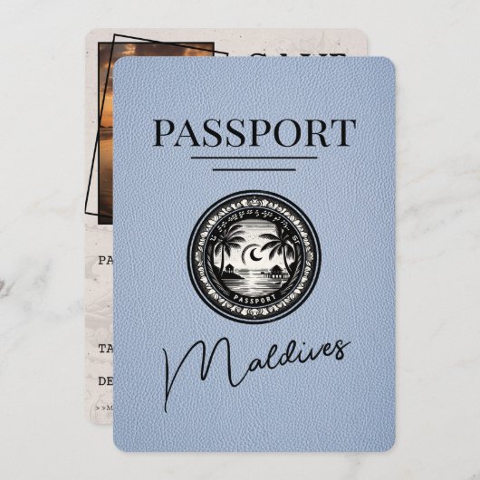 Dusty Blue Maldives Passport Save the Date (Vorne/Hinten)