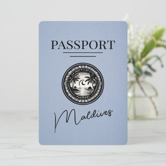Dusty Blue Maldives Passport Save the Date (Stehend Vorderseite)