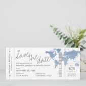 Dusty Blue Map Boarding Pass Ticket Save the Date (Stehend Vorderseite)