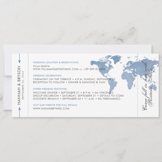 Dusty Blue Map Boarding Pass Ticket Save the Date (Rückseite)