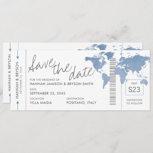Dusty Blue Map Boarding Pass Ticket Save the Date (Vorne/Hinten)