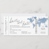 Dusty Blue Map Boarding Pass Ticket Save the Date (Vorderseite)