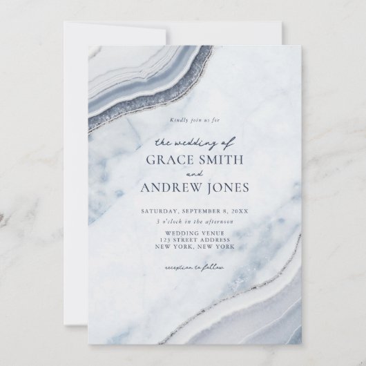 Dusty Blue Marble Agate Wedding Einladung (Vorderseite)