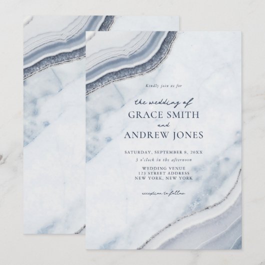 Dusty Blue Marble Agate Wedding Einladung (Vorne/Hinten)