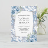 Dusty Blue Marble Floral Silver All in one Wedding Einladung (Stehend Vorderseite)
