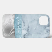 Dusty Blue Marble Glitzer Silbername Mit Monogramm Case-Mate iPhone Hülle (Rückseite (Horizontal))