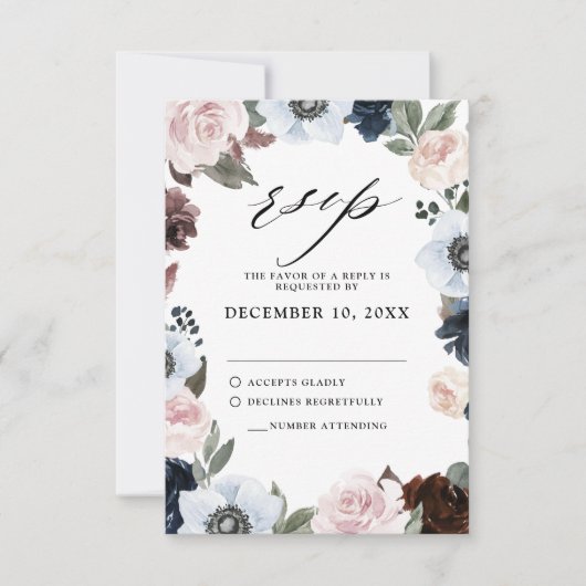 Dusty blue mariny mauve and errush pink Wedding RSVP Karte (Vorderseite)