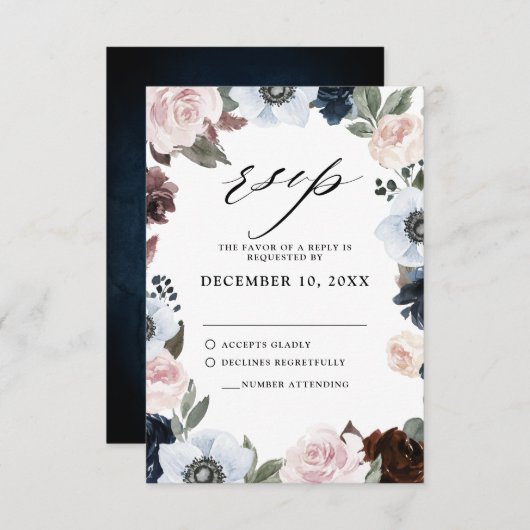 Dusty blue mariny mauve and errush pink Wedding RSVP Karte (Vorne/Hinten)