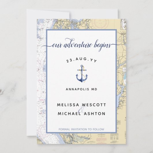 Dusty Blue Maryland Nautical Chart Anchor Hochzeit Save The Date (Vorderseite)