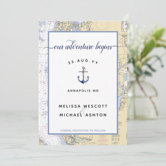Dusty Blue Maryland Nautical Chart Anchor Hochzeit Save The Date (Stehend Vorderseite)