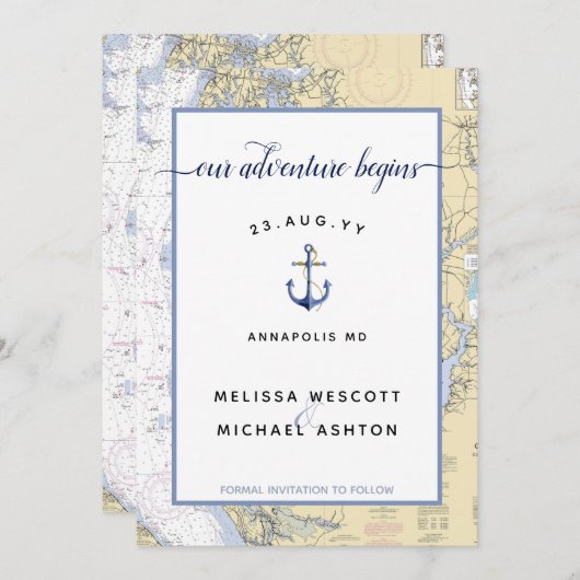 Dusty Blue Maryland Nautical Chart Anchor Hochzeit Save The Date (Vorne/Hinten)