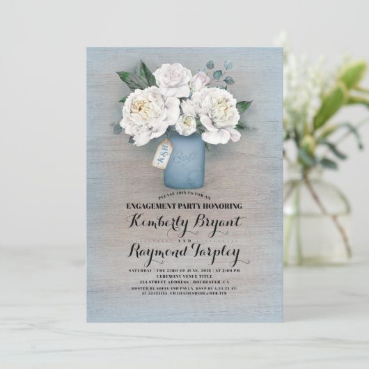 Dusty Blue Mason Jar Rustic Engagement Party Einladung (Stehend Vorderseite)