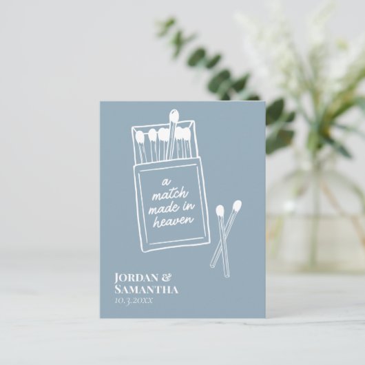 Dusty Blue Match Made in Heaven Save the Date Postkarte (Stehend Vorderseite)