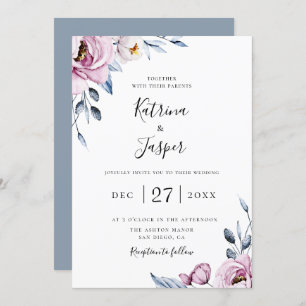 Dusty Blue Mauve Botanical Floral Wedding Einladung