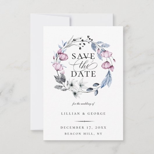 Dusty Blue Mauve Botanical Save the Date Ankündigung (Vorderseite)