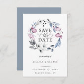 Dusty Blue Mauve Botanical Save the Date Ankündigung (Vorne/Hinten)