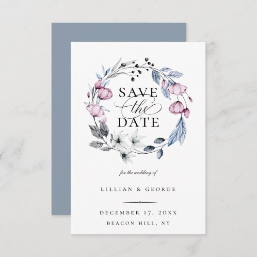 Dusty Blue Mauve Botanical Save the Date Ankündigung (Vorne/Hinten)