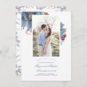 Dusty Blue & Mauve Floral Foto Save the Date Card Begleitkarte (Vorne/Hinten)