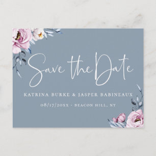 Dusty Blue Mauve Floral Save the Date Ankündigungspostkarte