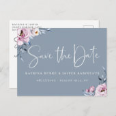 Dusty Blue Mauve Floral Save the Date Ankündigungspostkarte (Vorne/Hinten)
