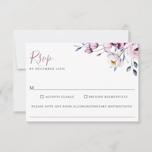 Dusty Blue Mauve Floral Wedding Food Allergie UAWG RSVP Karte (Vorderseite)