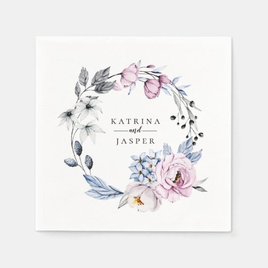 Dusty Blue Mauve Floral Wreath Serviette (Vorderseite)
