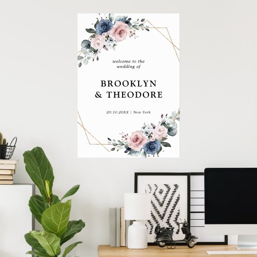 Dusty Blue Mauve Geometric Wedding Willkommen Poster (Heimbüro)