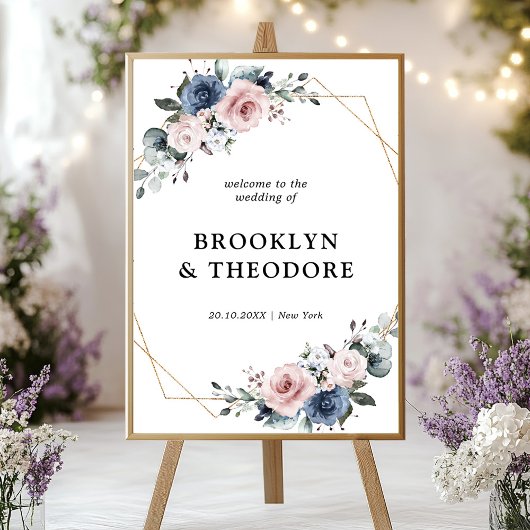 Dusty Blue Mauve Geometric Wedding Willkommen Poster
