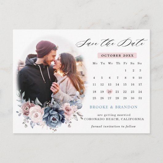 Dusty Blue Mauve Rose Foto Kalender Save the Date Postkarte (Vorderseite)