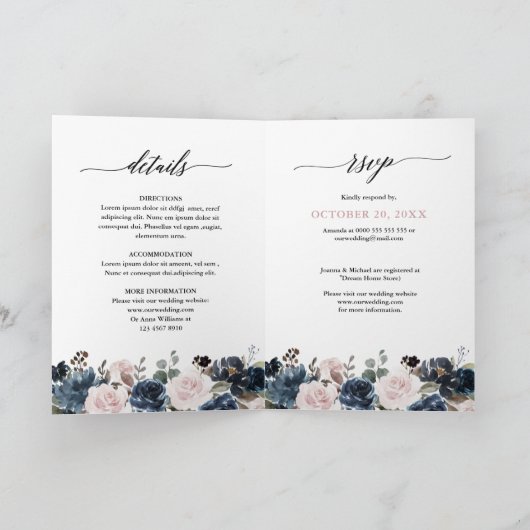 Dusty Blue Mauve Rose Pink Slate Floral Wedding Einladung (Innenseite)