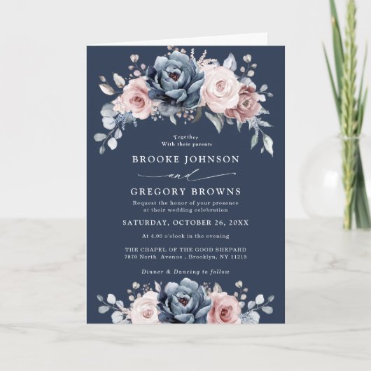 Dusty Blue Mauve Rose Pink Slate Floral Wedding Einladung (Vorderseite)