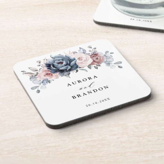 Dusty Blue Mauve Rose Pink Slate Floral Wedding Getränkeuntersetzer (Linke Seite)