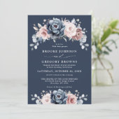 Dusty Blue Mauve Rose Pink Slate Floral Wedding I Einladung (Stehend Vorderseite)