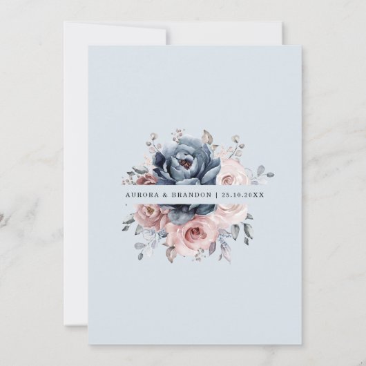 Dusty Blue Mauve Rose Pink Slate Floral Wedding I Einladung (Rückseite)