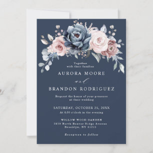 Dusty Blue Mauve Rose Pink Slate Floral Wedding in Einladung