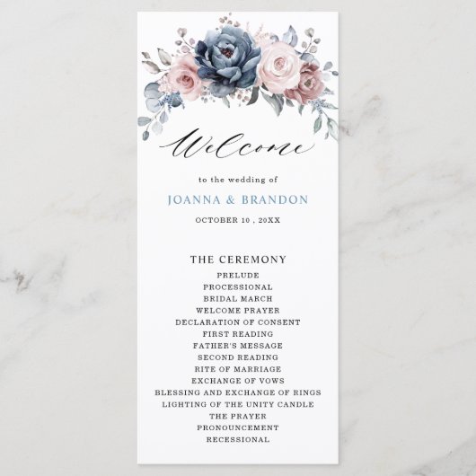 Dusty Blue Mauve Rose Pink Slate Floral Wedding Programm (Vorderseite)
