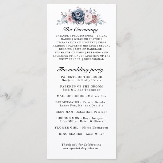 Dusty Blue Mauve Rose Pink Slate Floral Wedding Programm (Rückseite)