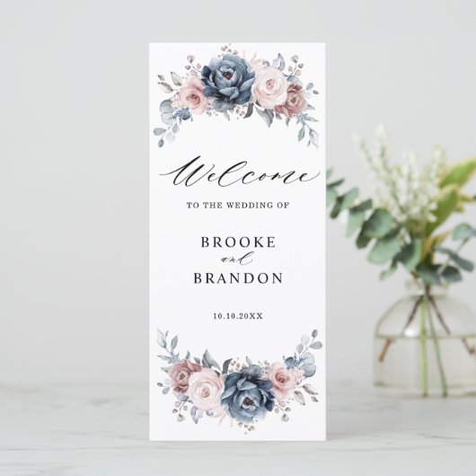 Dusty Blue Mauve Rose Pink Slate Floral Wedding Programm (Stehend Vorderseite)