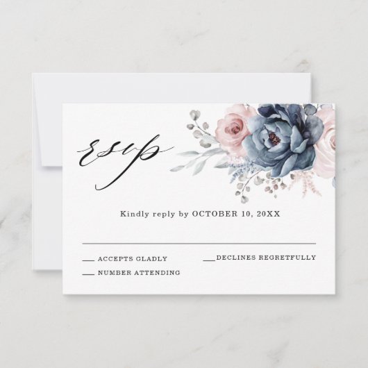 Dusty Blue Mauve Rose Pink Slate Floral Wedding RSVP Karte (Vorderseite)