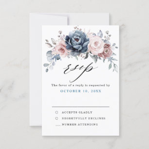Dusty Blue Mauve Rose Pink Slate Floral Wedding RSVP Karte